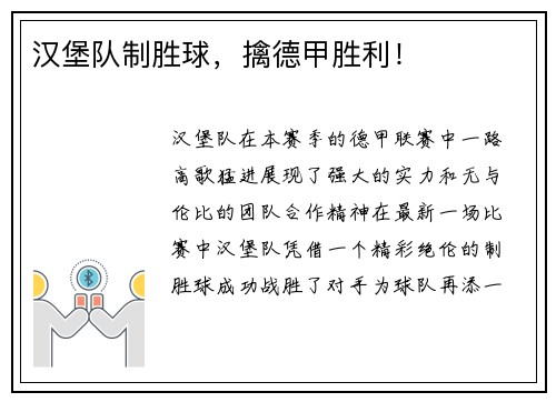 汉堡队制胜球，擒德甲胜利！